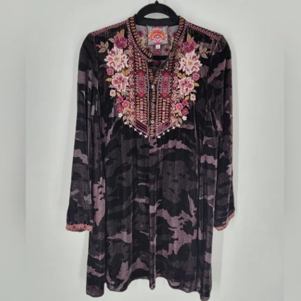 Johnny Was Velvet Tunic Dress Long Sleeve Camouflage Oversized Size XS